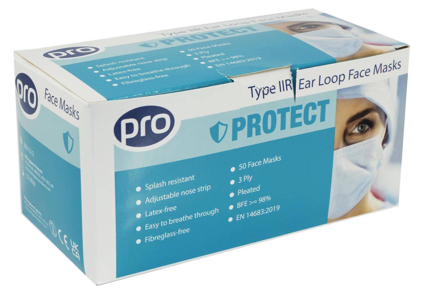 Masque facial à boucles auriculaires PRO Type IIR, résistant aux fluides, paquet de 50