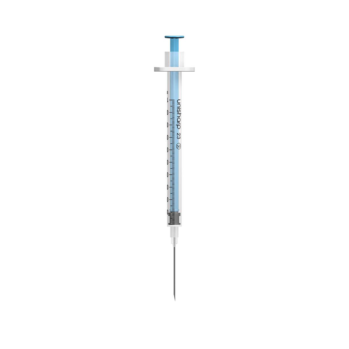 Seringue à aiguille bleue fixe Unisharp, 1 ml, 23G, 25mm, 1 pouce, u100
