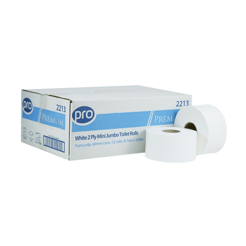PRO Mini Jumbo 2 Ply White Toilet Rolls 150m 60mm Core Pack of 12