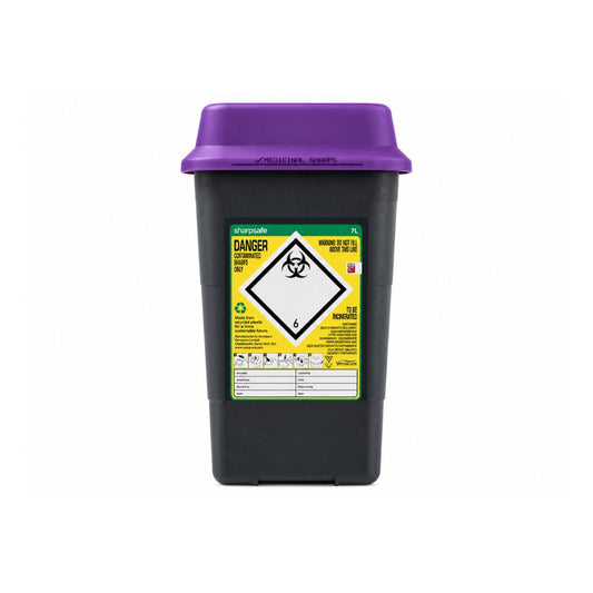 Conteneur pour objets piquants et tranchants Sharpsafe recyclé, large, 7L, avec couvercle violet