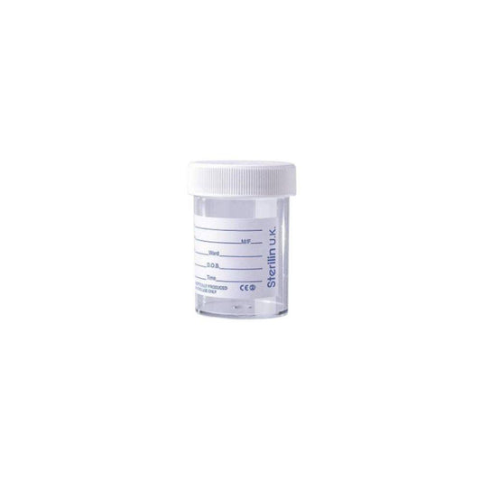Bouteille d'urine Sterilin de 60 ml avec étiquette