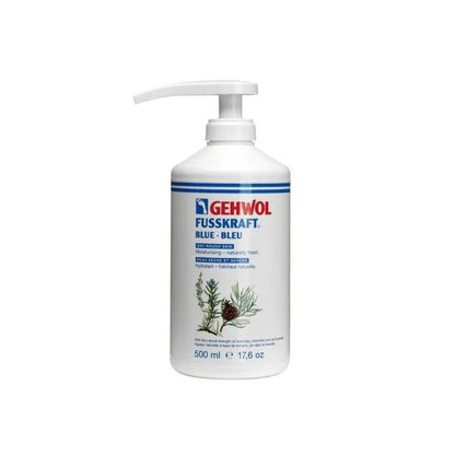 Gehwol Fusskraft Blue Cream 500ml pump bottle with rosemary, mountain pine and lavender for dry rough skin