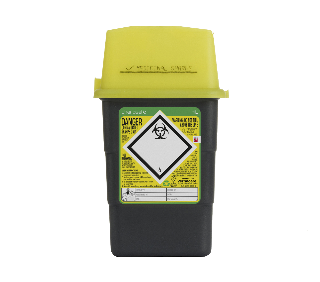 Poubelle pour objets tranchants Sharpsafe gris, 1 litre, couvercle jaune