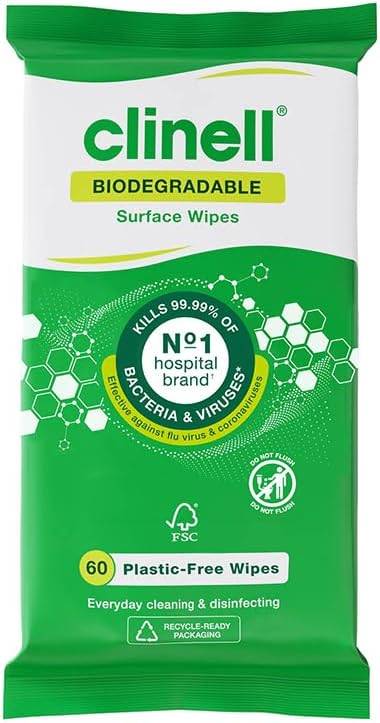 Lingettes de surface biodégradables universelles Clinell, paquet de 60