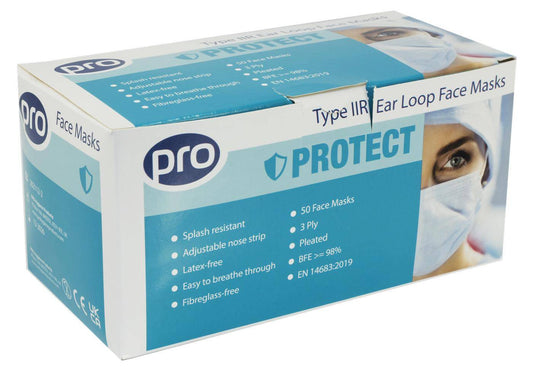 Masque facial à boucles auriculaires PRO Type IIR, résistant aux fluides, paquet de 50