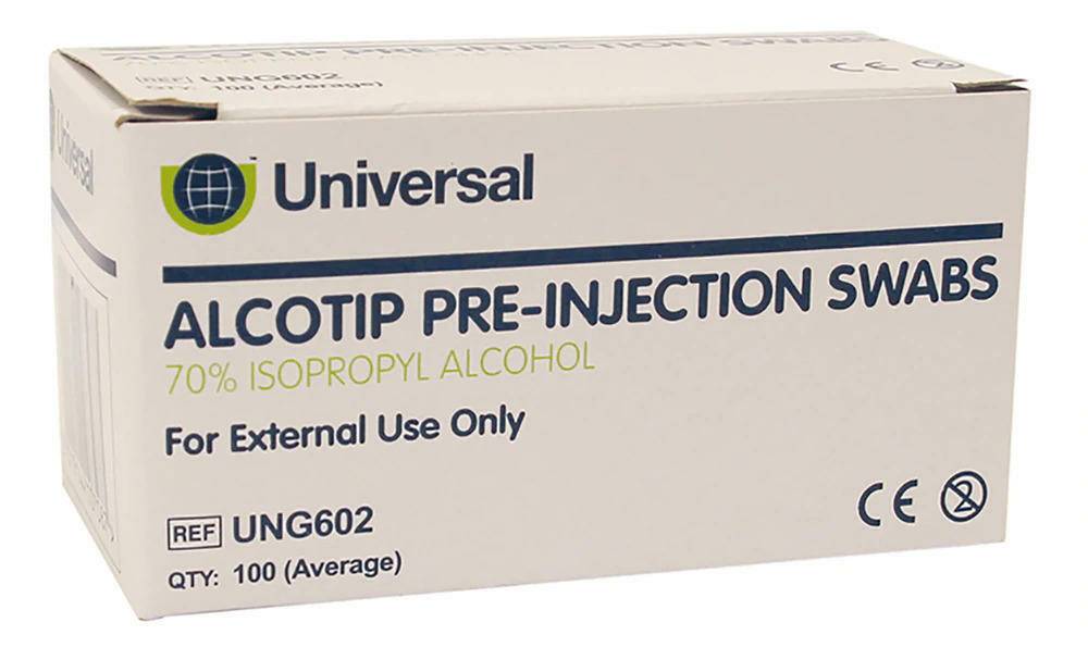 Tampons pré-injection universels Alcotip, lingettes alcoolisées à 70 %