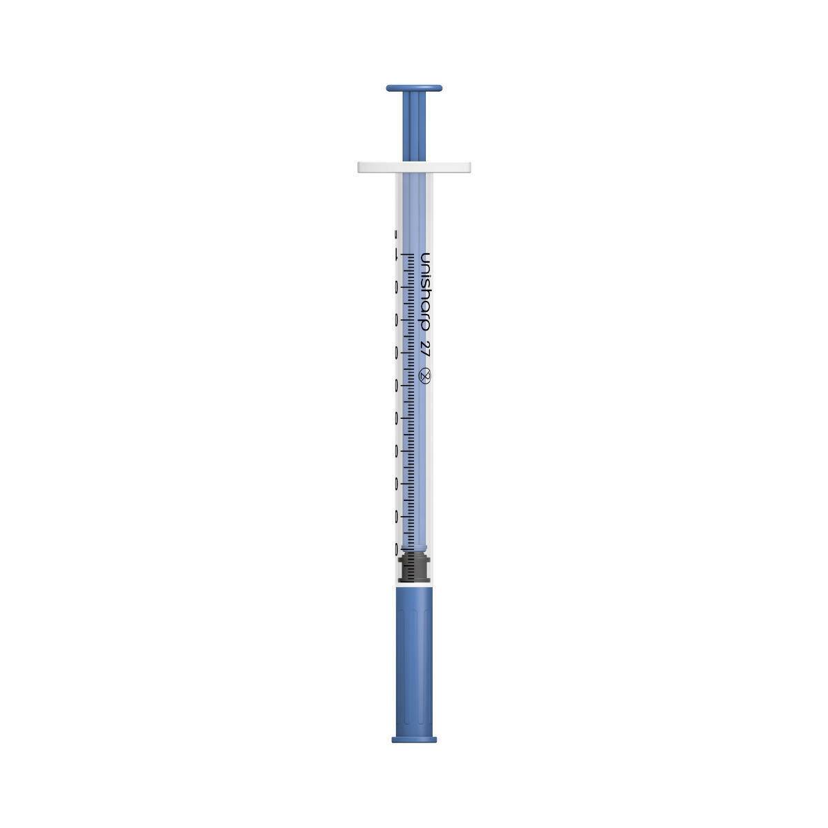 Seringue et aiguille Unisharp bleues, 1 ml, 0,5 pouce, 27 g, u100