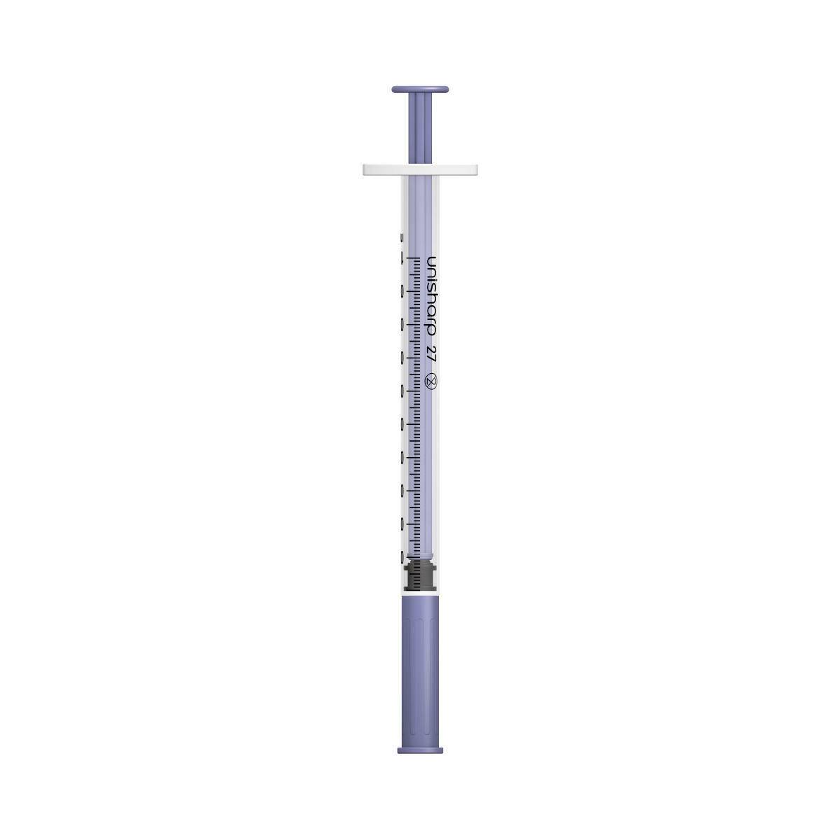 Seringue et aiguille Unisharp violettes, 1 ml, 0,5 pouce, 27 g, u100