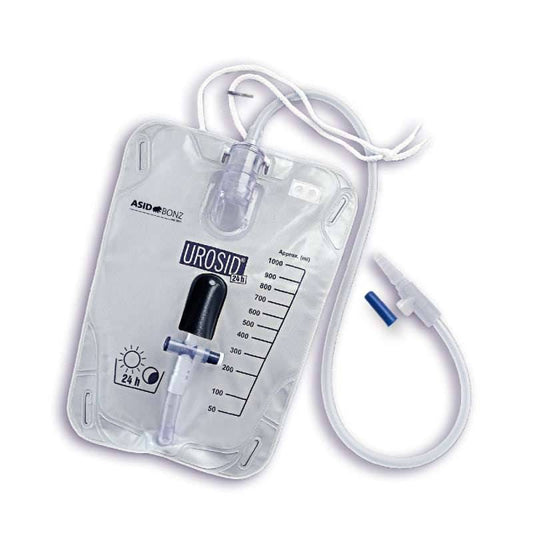 A leg-bed urinary drainage system with a transparent urine bag, measurement markings, a drainage valve.