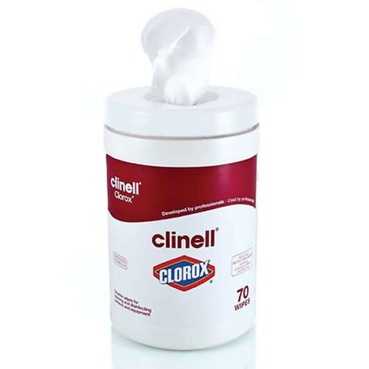 A tub of Clinell Clorox Wipes with a white lid and red and white branding, containing 70 wipes.