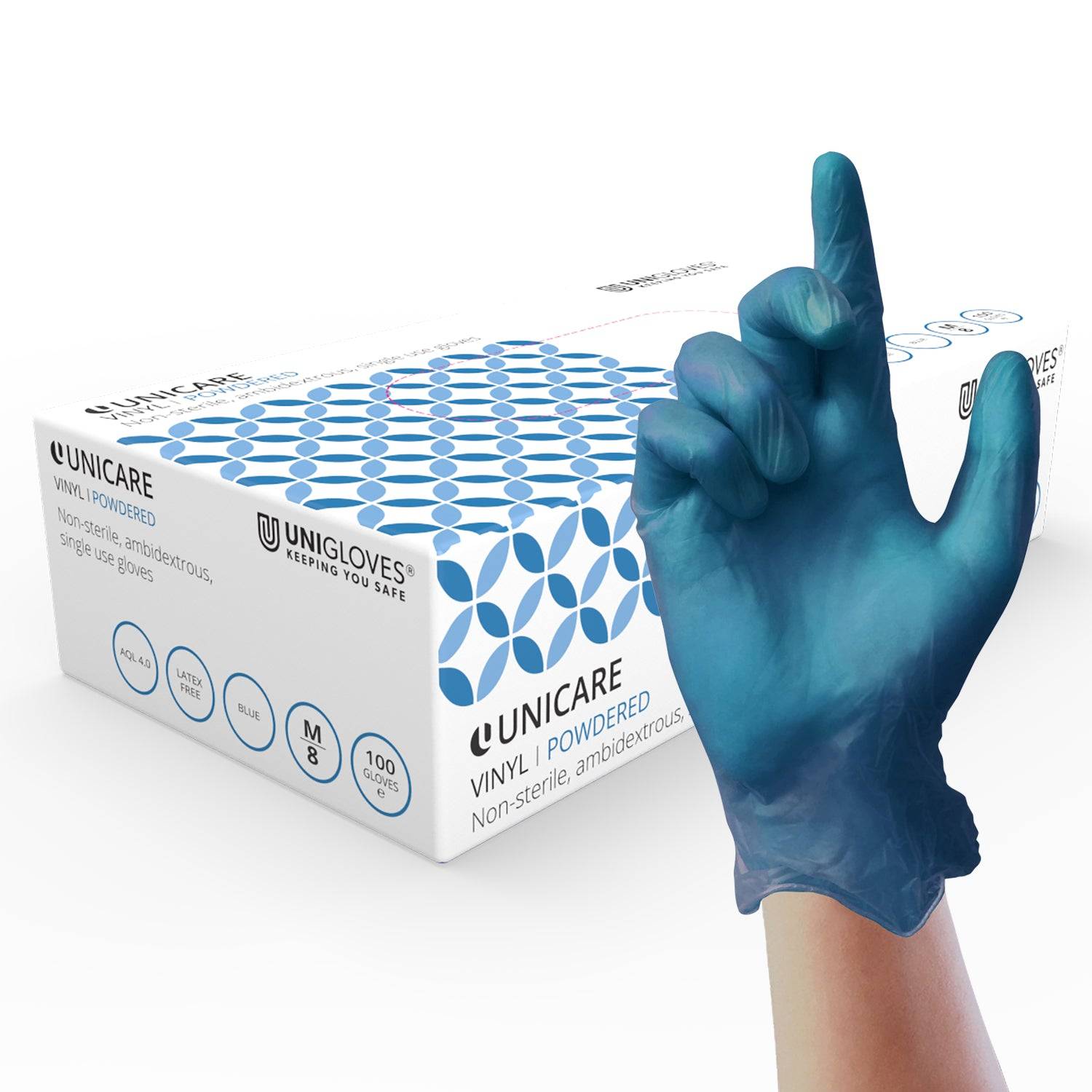 Unicare Blue Vinyl Powdered Gloves Box of 100 - UKMEDI - UK MEDICAL SUPPLIES