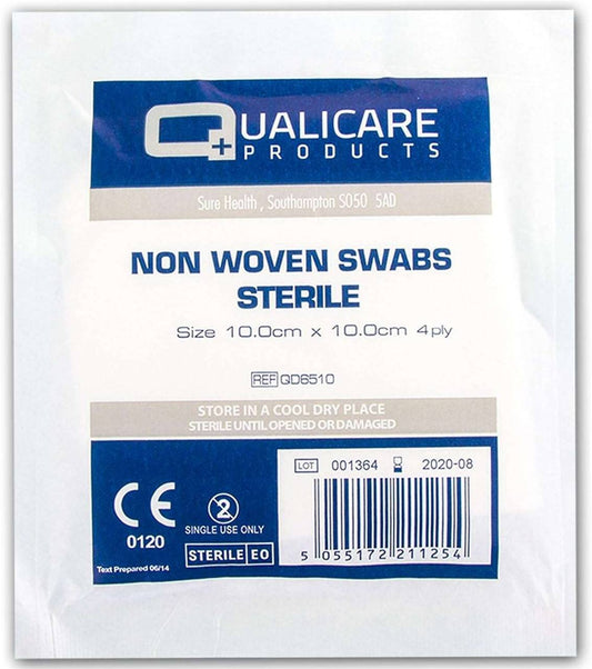 Écouvillons stériles non tissés 4 épaisseurs 10 x 10 cm, 5 pièces