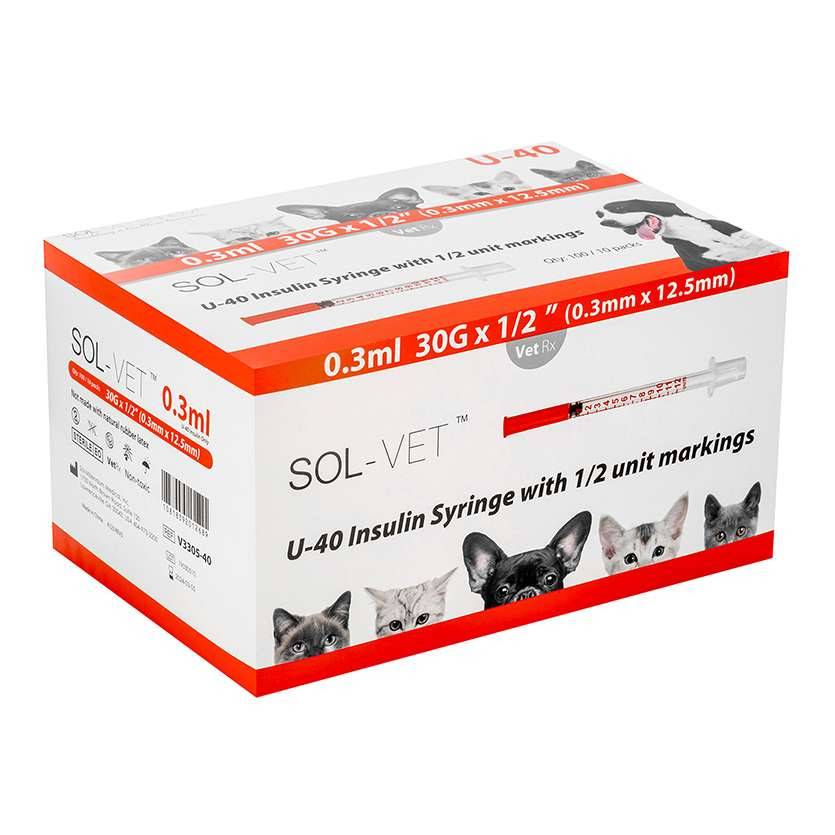 Seringue Sol-Vet 0,3 ml 30 g 0,5 pouce U40 avec aiguille fixe