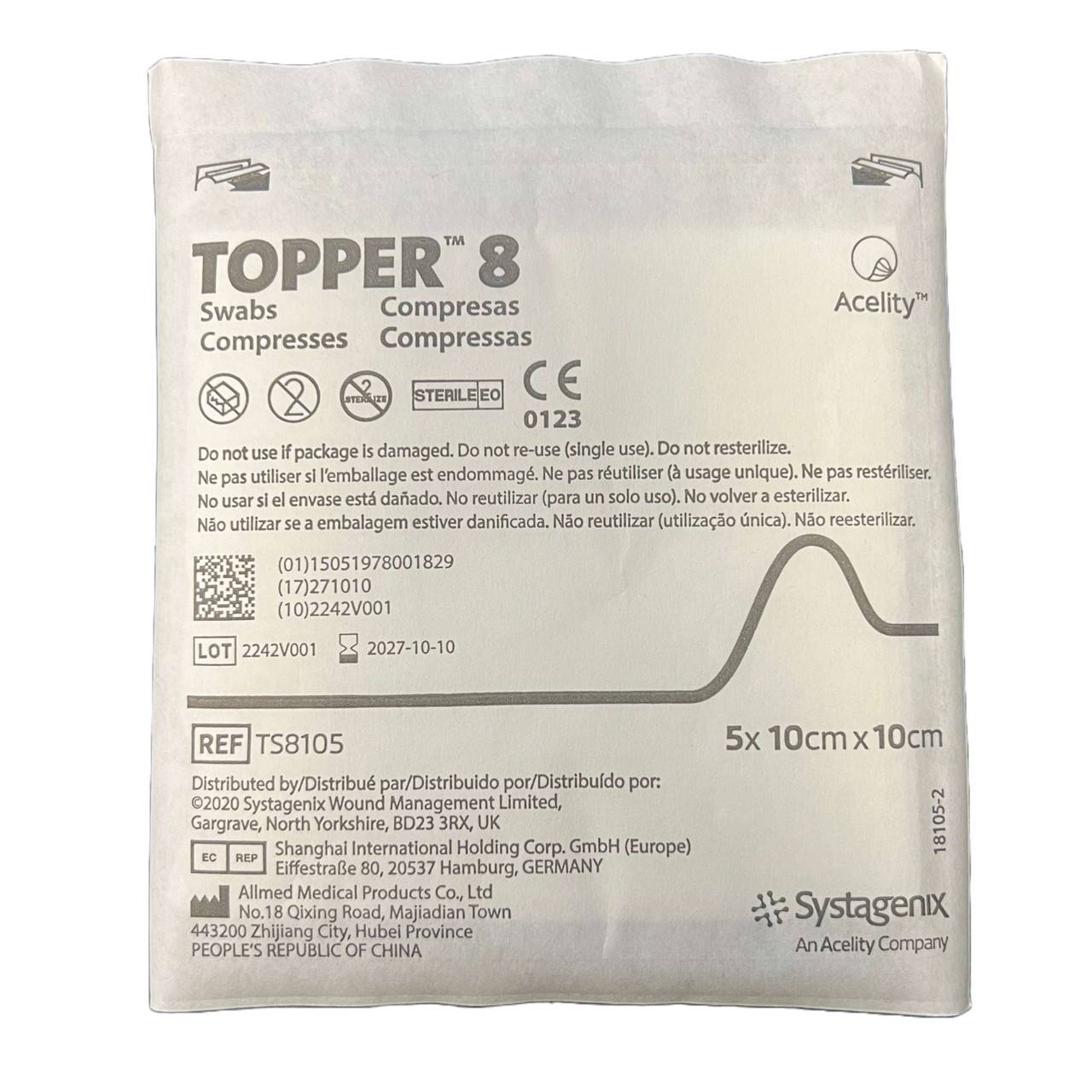 10 cm x 10 cm Topper 8 tampons de gaze stériles, paquet unique de 5