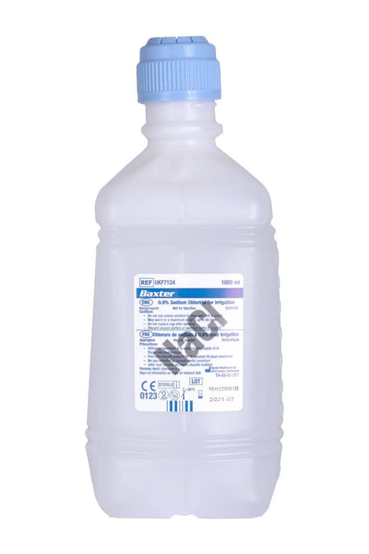 1 litre de NaCl 0,9 % de chlorure de sodium pour l'irrigation Baxter NaCl 0,9 % de chlorure de sodium (solution saline) pour l'irrigation. Un litre (1000 ml).