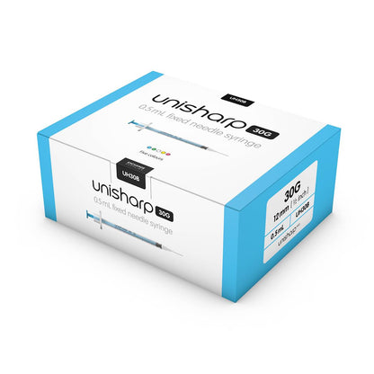 Seringue et aiguille Unisharp bleues 0,5 ml 0,5 pouce 30 g u100