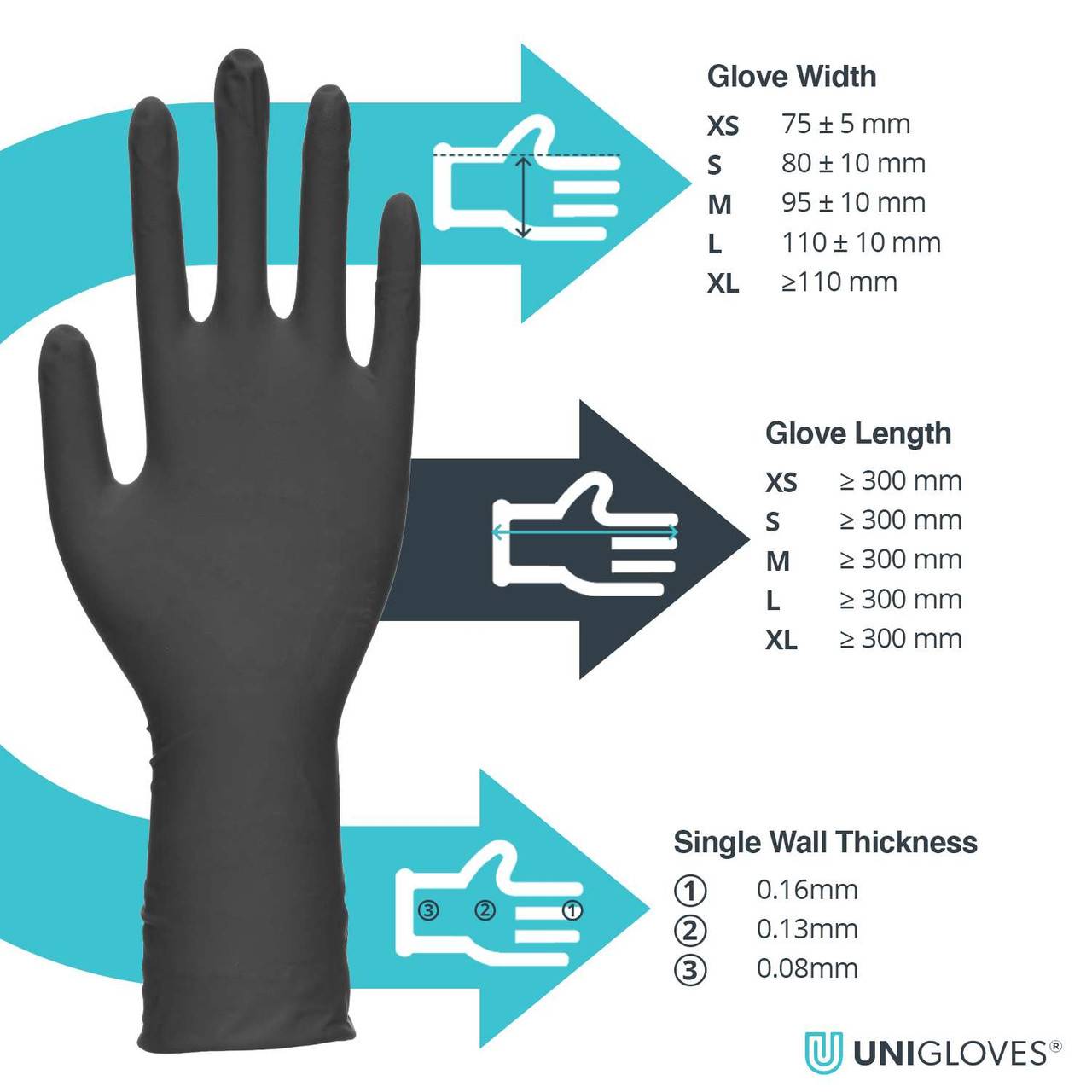 Unigloves Select Gants en latex noirs à manchette longue