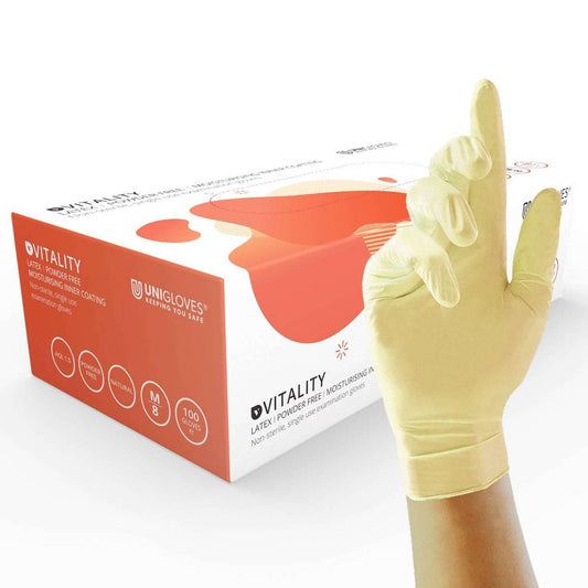 Unigloves Vitality Gants en latex avec revêtement intérieur hydratant